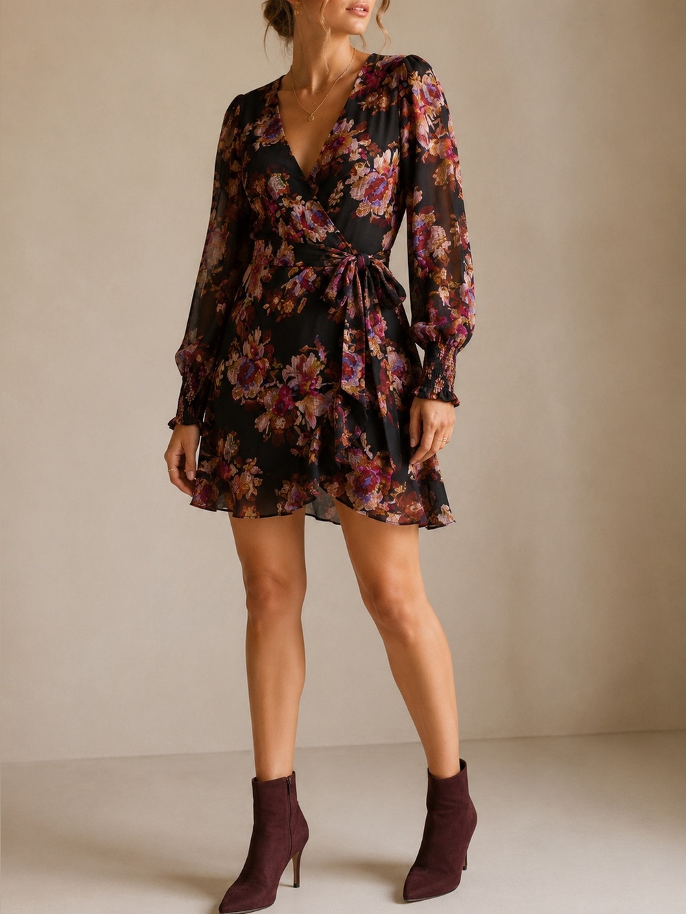 Dress Forum Los Angeles L Black Floral Chiffon Wrap Ruffle Dress Smocked Sleeve